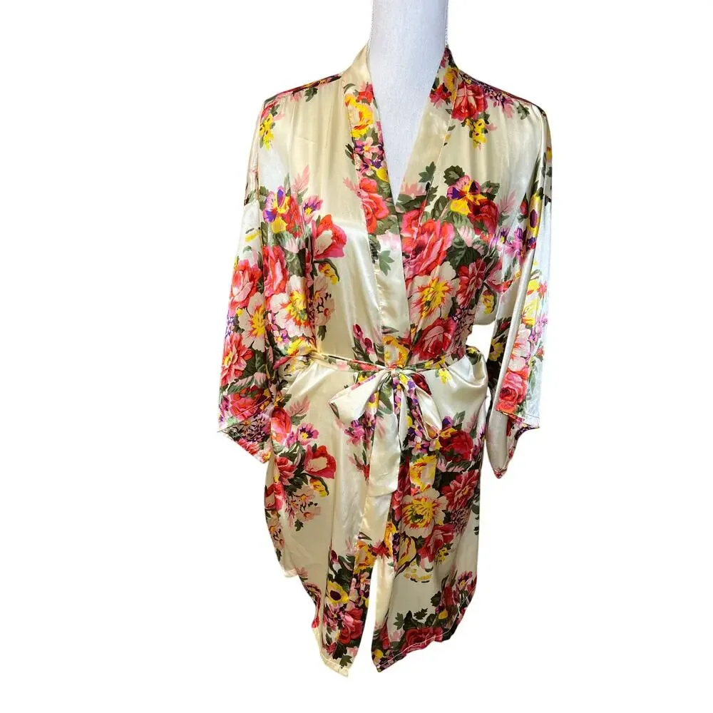 Floral satin kimono robe pajamas sleepwear loungewear glam feminine - Picture 4 of 6